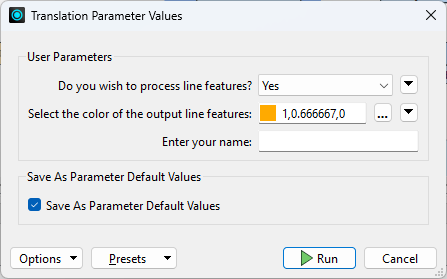 Translation Parameter Values dialog